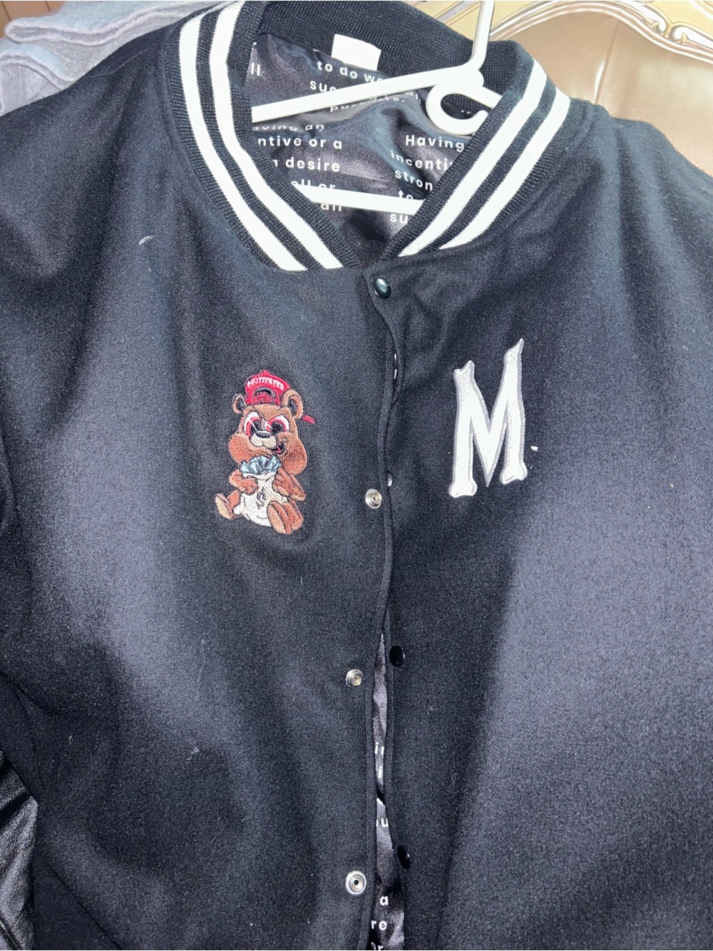 Men’s Black Letterman Jacket with Bear Patch